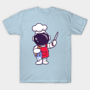 Cute Astronaut Chef With Fish And Knife Cartoon T-Shirt